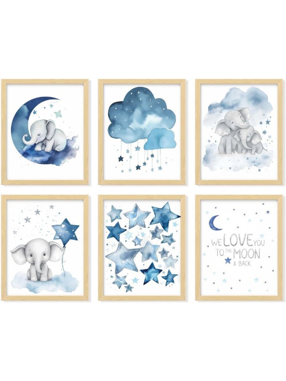 Framed Elephant Nursery Wall Art Set, 6 Pcs 8x10, Beige Decor for Baby Room